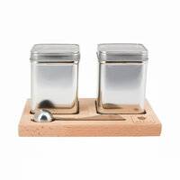 Theeplank met 2 vensterblikjes en RVS maatlepel